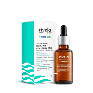 Rivela Dermascience By Cipla 10% Vitamin C Face Serum For Bright & Glowing Skin, Anti Ageing Formula With Hyaluronic Acid For All Skin Types, 30ml